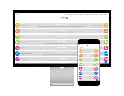 Computadora y celular mostrando la Web App de Arancione para conocer talentos con enfoque positivo