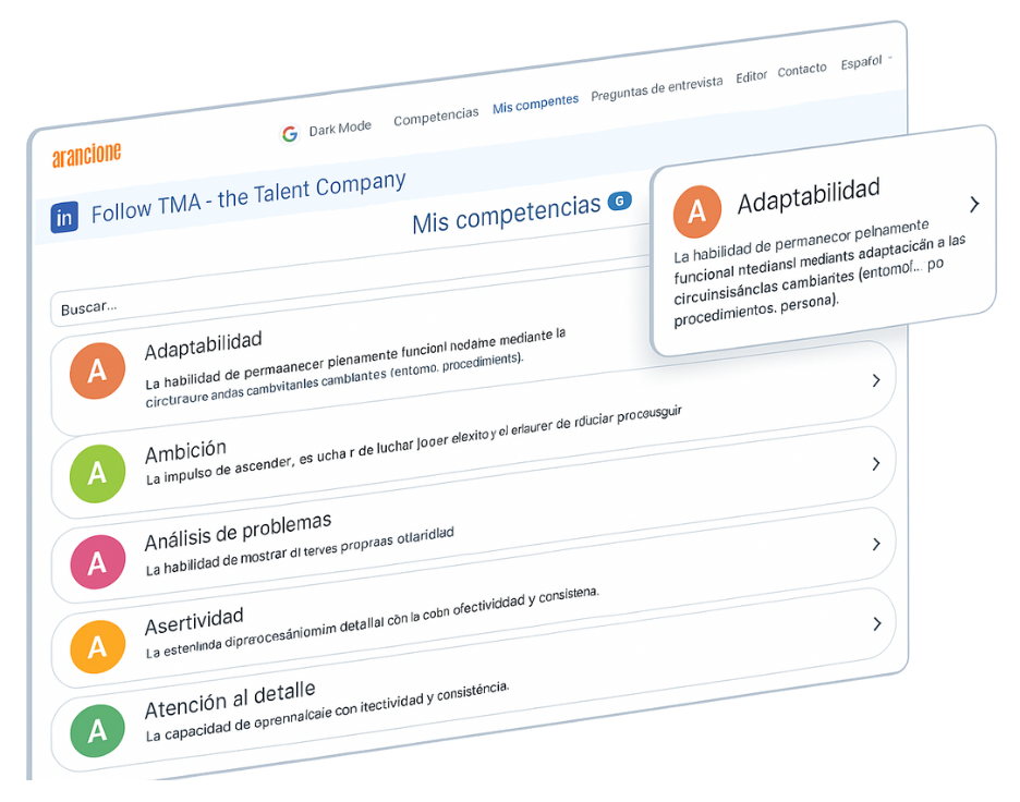 Interfaz de la biblioteca de competencias blandas gratuita de Arancione mostrando habilidades como adaptabilidad, ambición, análisis de problemas, asertividad y atención al detalle.
