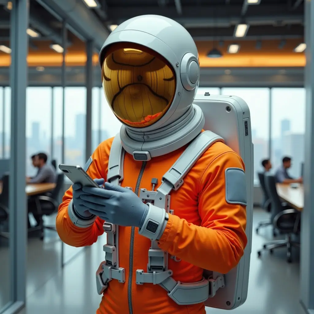 Astronauta naranja revisando una tablet en oficina, símbolo de un candidato que analiza su talento TMA con el apoyo de Arancione.