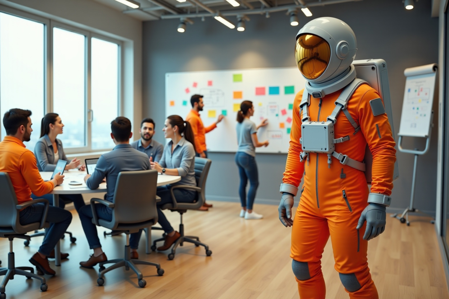 Astronauta con traje naranja supervisando equipo en sala de trabajo colaborativo, con personas reunidas y trabajando en pizarrón con notas adhesivas.