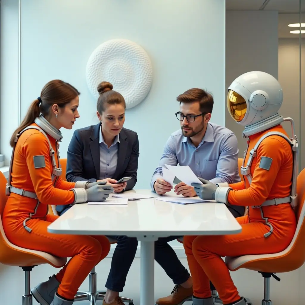 Astronautas naranjas y ejecutivos revisando perfiles en una reunión de reclutamiento especializado en ventas, lo que representa la metafora de Arancione y su astonauta naranja