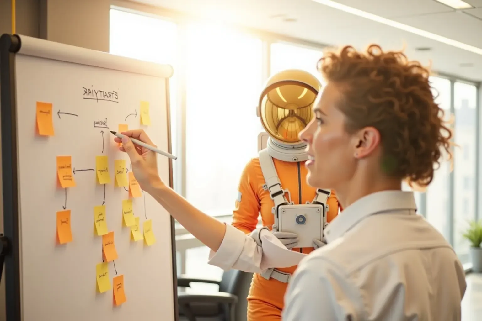 Astronauta naranja (Ara) ayudando a otros ejecutivos pegando notas adhesivas en un rotafolio para discutir ideas