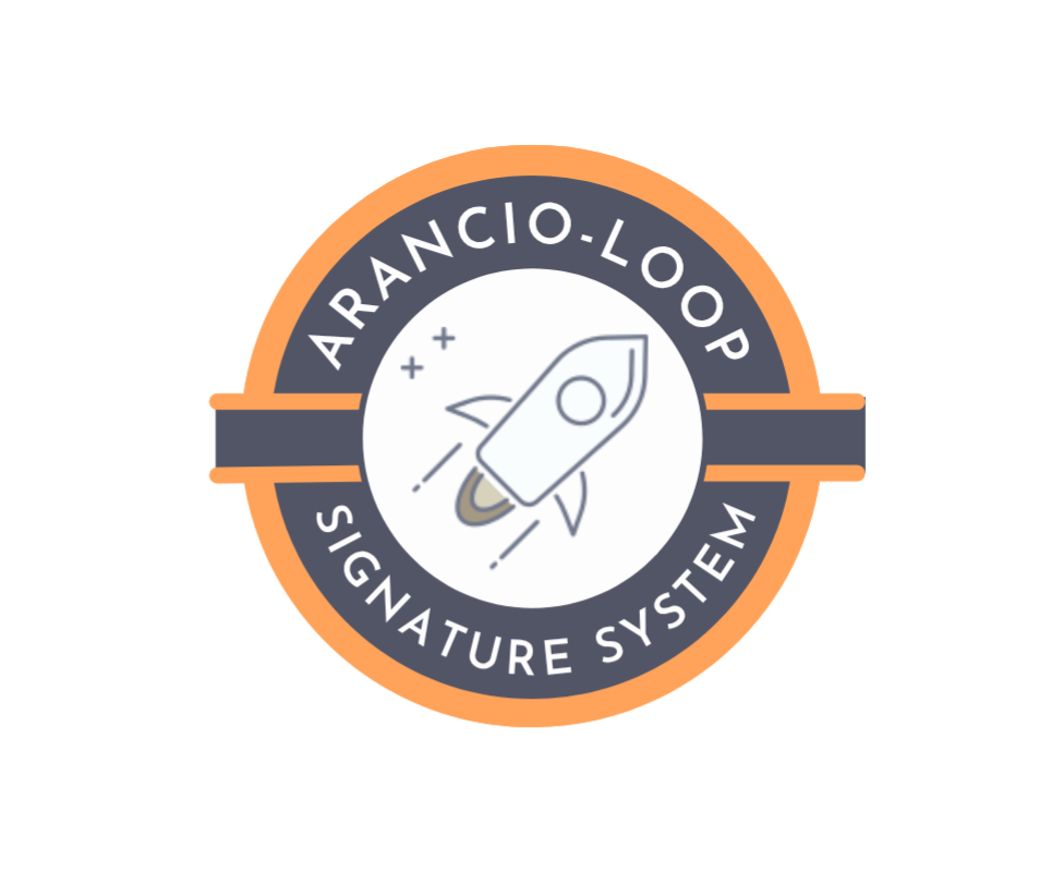 Logotipo circular Arancio-Loop con cohete despegando que simboliza la metodología de seguimiento de Arancione